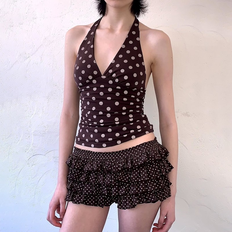 Klalien Chấm Bi In Áo Vest Nữ Y2K Ren Backless Dây Cổ Chữ V Skinny Xu Hướng Mùa Hè Hàng Ngày Đường Phố Cơ Bản Sang Trọng Áo