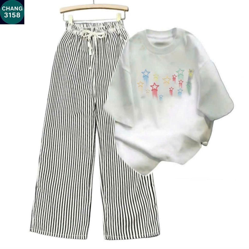 Sét Bộ Quần đũi xốp vằn   + mix áo phông form rộng tay lỡ chất cotton su- hình ngôi sao-CHANG 3158