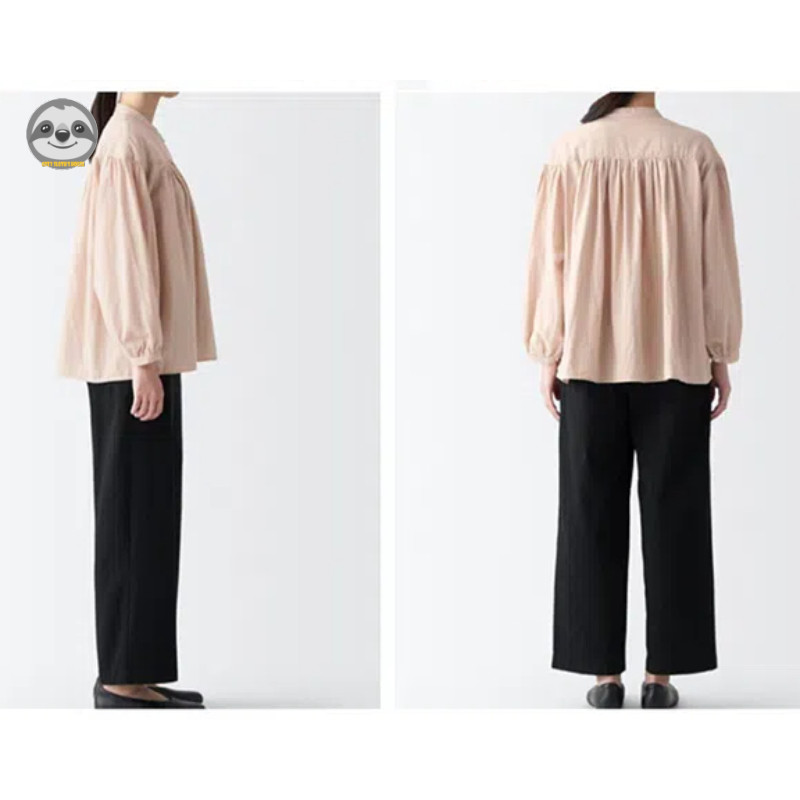 Phong cách Nhật Bản Muji Style / Áo kiểu dây rút dài tay bằng sợi hai lớp dành cho nữ / dáng rộng mỏng hơn trông ngắn hơn