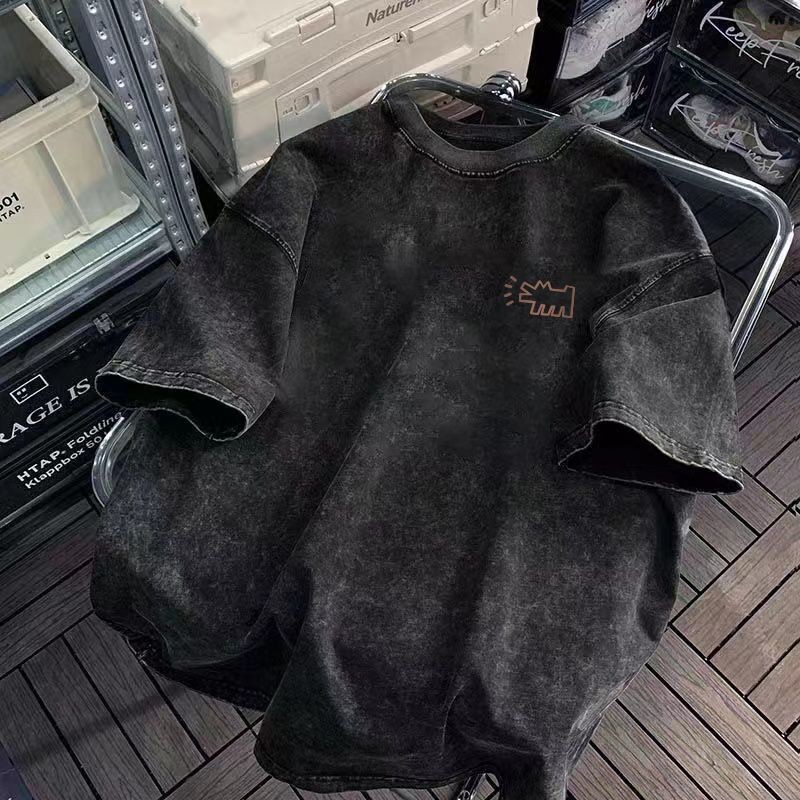 Áo thun ngắn tay cotton giặt vintage mùa hè, dáng rộng, phong cách distressed