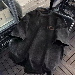 Áo thun ngắn tay cotton giặt vintage mùa hè, dáng rộng, phong cách distressed