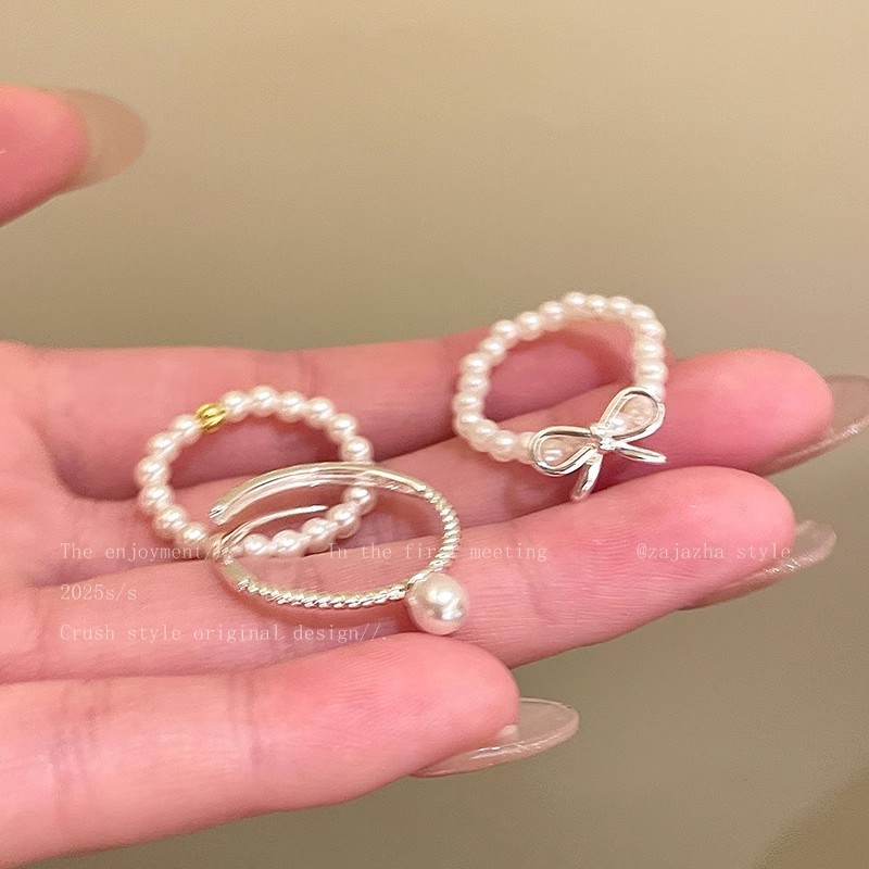 Nhẫn hạt ngọc trai nơ cho phụ nữ, phong cách Hàn Quốc, thiết kế độc đáo, nhẫn ngón trỏ, cảm giác sang trọng nhẹ nhàng, nhẫn cao cấp có thể xếp chồng lên nhau