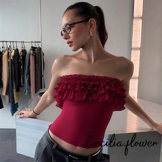 Áo sơ mi nữ Ruffle Bandeau - Không tay quây màu trơn Slim Fit Tube Áo sơ mi dự tiệc Clubwear Mùa hè Dạo phố