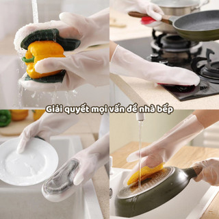 Găng tay cao su tích hợp bàn chải silicon mềm, găng tay có bàn chải rửa bát rau củ cọ rửa nhà bếp