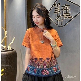 Áo blouse cotton và lanh lấy cảm hứng châu Á cho phụ nữ, áo thêu mùa hè Barong, áo phong cách dân tộc