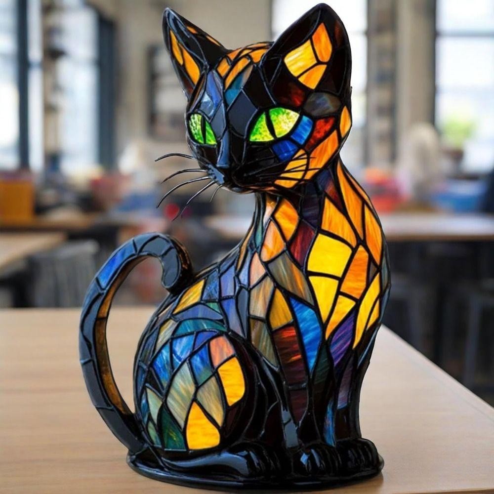 YOFFOR Phong cách máy tính để bàn, Kính màu Retro Time Cat Light, Hot Pet LED Cat Dyeing Resin Dễ thương Dạ quang Phòng ngủ gia đình