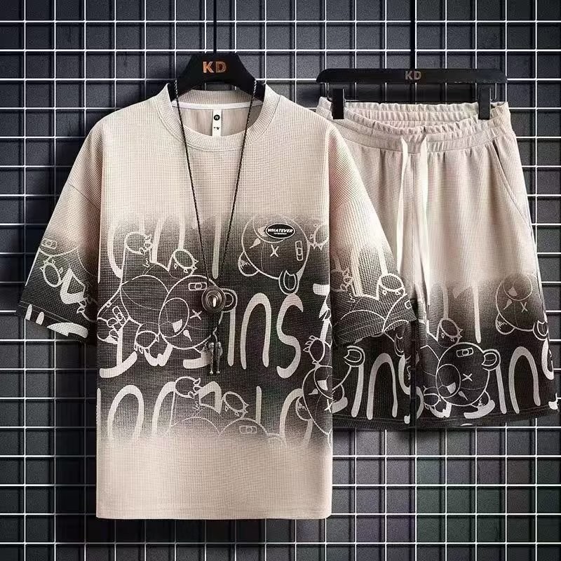 Bộ đồ bánh quế phong cách Hồng Kông Quần Short năm điểm ngắn tay nam mùa hè thanh niên hợp thời trang phong cách Harajuku phù hợp cho mọi trận đấu1 / 2 miếng