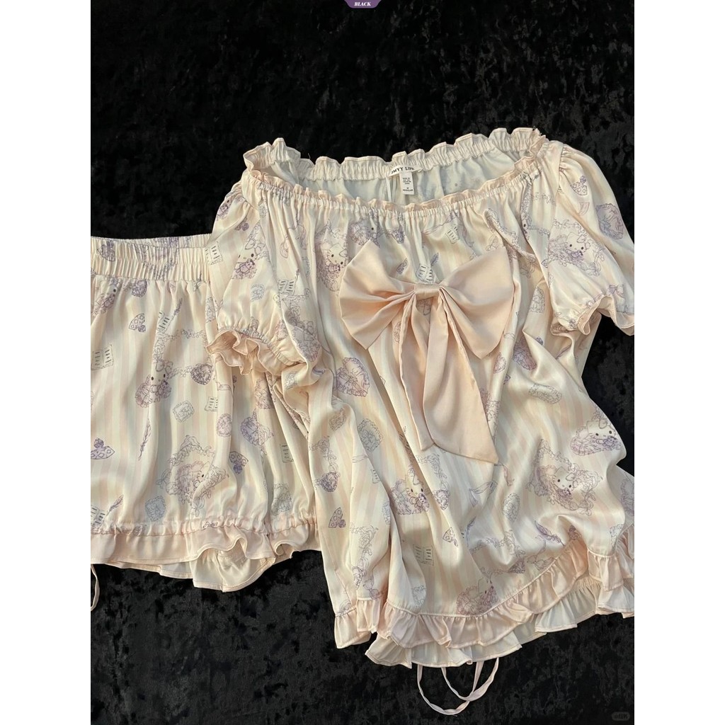 Bộ đồ ngủ Kitty sọc ren nữ mùa hè mới nơ ngọt ngào Quần Short ngắn tay Bộ đồ mặc nhà [BL]