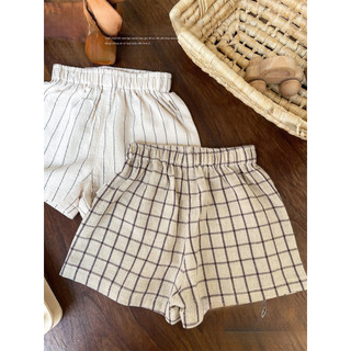 Quần short cotton lanh mỏng sọc caro cho bé trai và bé gái, dáng rộng rãi mùa hè