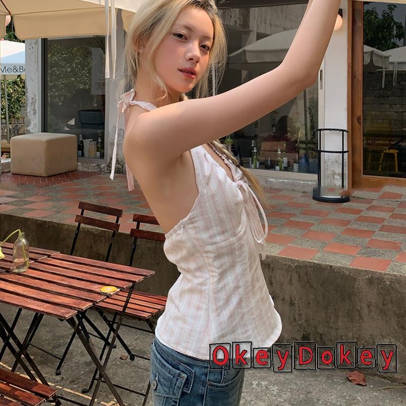 OKDK-Nữ Sọc Dây Xe Tăng Áo Ôm Buộc Thấp Cắt Không Tay Mở Lưng Crop Top Mùa Hè