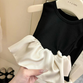 Bộ đồ không tay mùa hè mới cho bé gái phong cách Hàn Quốc, áo vest xếp nếp, quần ống loe, bộ hai mảnh