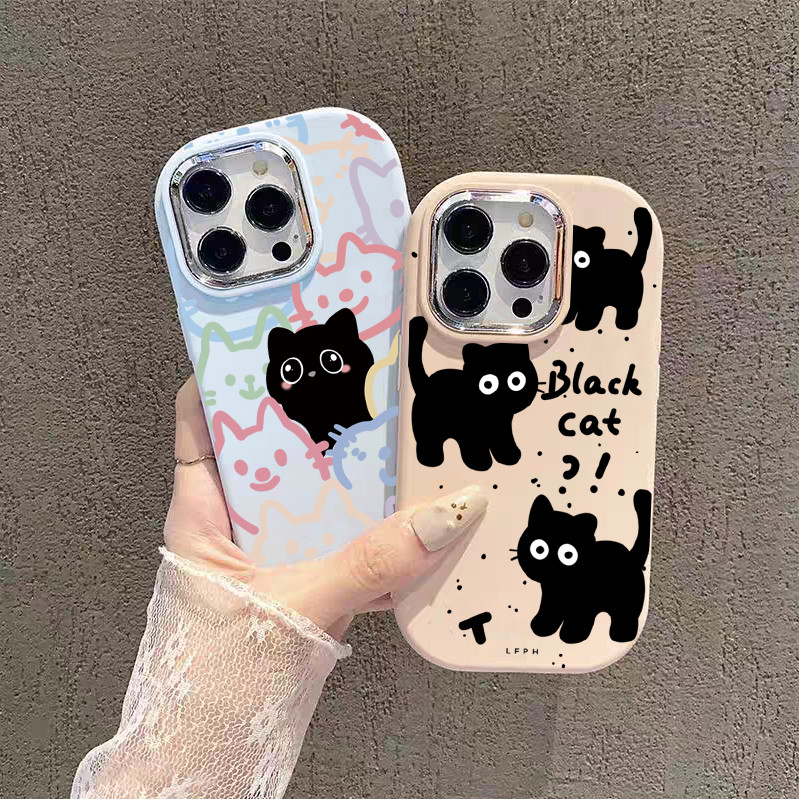 Ốp Lưng Cho Samsung Galaxy A32 A33 A12 A11 A05S A31 A20 A30 A21S A50 A50S A30S A52 A71 A7 2018 Ốp Lưng Mèo Đen Mạ Dễ Thương Ống Kính Kim Loại Silicon Hoạt Hình Màu Kẹo