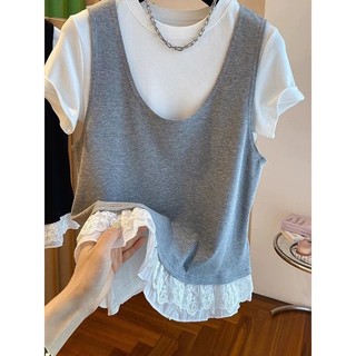 Size Lớn Top Nữ Áo Thun Cực Lớn + Áo Vest Top 100kg Ren Khâu Ngắn Tay Áo Thun Nữ Mùa Hè Giả Hai Mảnh Hàng Đầu Phiên Bản Hàn Quốc Lỏng Lẻo Quần Áo Nữ