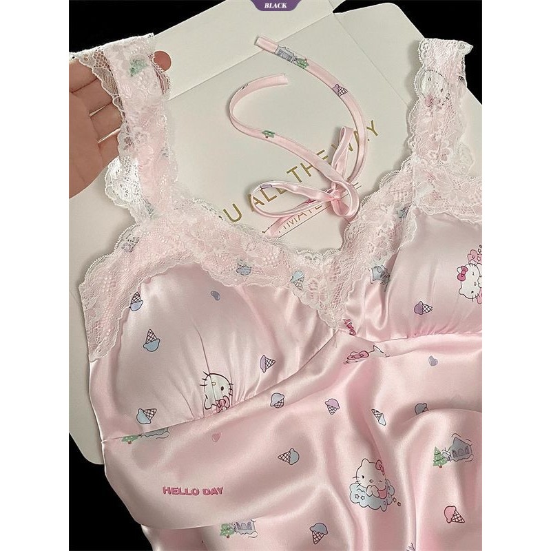 Bộ Đồ Ngủ Nữ Hellokitty Mùa Hè Băng Lụa Tay Ngắn Quần Short Có Miếng Lót Áo Ngực Ren Hồng [BL]