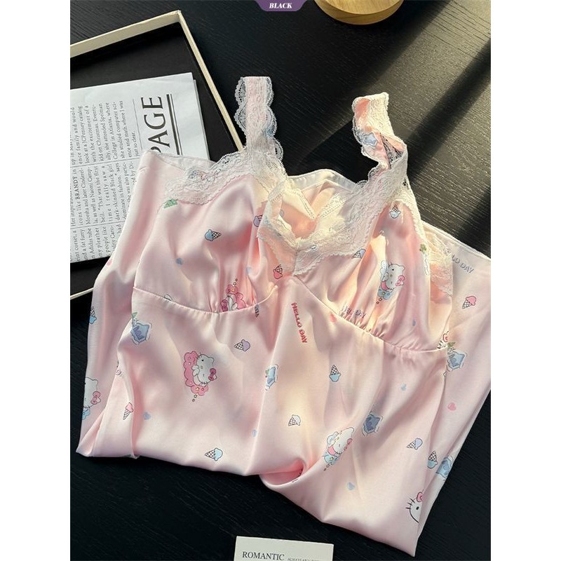 Bộ Đồ Ngủ Nữ Hellokitty Mùa Hè Băng Lụa Tay Ngắn Quần Short Có Miếng Lót Áo Ngực Ren Hồng [BL]