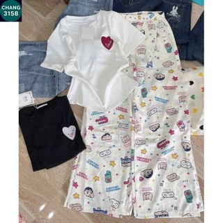 Sét Bộ Quần Hoạt Hình + mix áo CROPTOP ngắn-in hình trái tim love ở ngực-CHANG3158