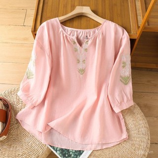 Áo sơ mi thêu cotton lanh phong cách dân tộc mùa hè cho phụ nữ, cổ tròn mỏng, tay đèn lồng, thoáng khí, tay áo 5 điểm