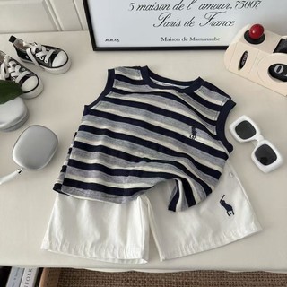 Bộ áo vest mùa hè cho bé trai, áo không tay sọc + quần short, bộ hai mảnh thường ngày cho bé trai