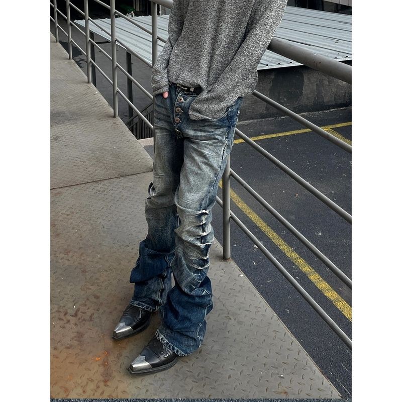 ThaliaWisp Quần jean denim loe cổ điển đường phố cao với nếp gấp và nút cho nam