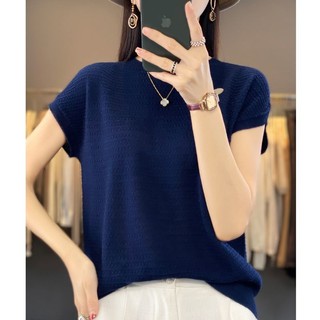 Cổ Tròn Tay Ngắn Nữ Mỏng Phong Cách Mùa Hè Phong Cách Mới Hình Kim Cương Rỗng Ôm Phù Hợp Với Đáy A