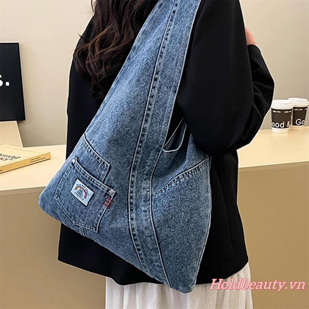 Túi Denim cổ điển dành cho nữ Ví đeo vai lớn có túi Túi Tote Jean thông thường dành cho du lịch, trường học, văn phòng ngoài trời
