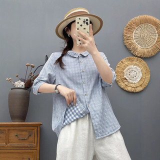 Hàng sẵn có - Áo sơ mi nữ short sleeve, kẻ sọc nhỏ, 100% cotton hai lớp
