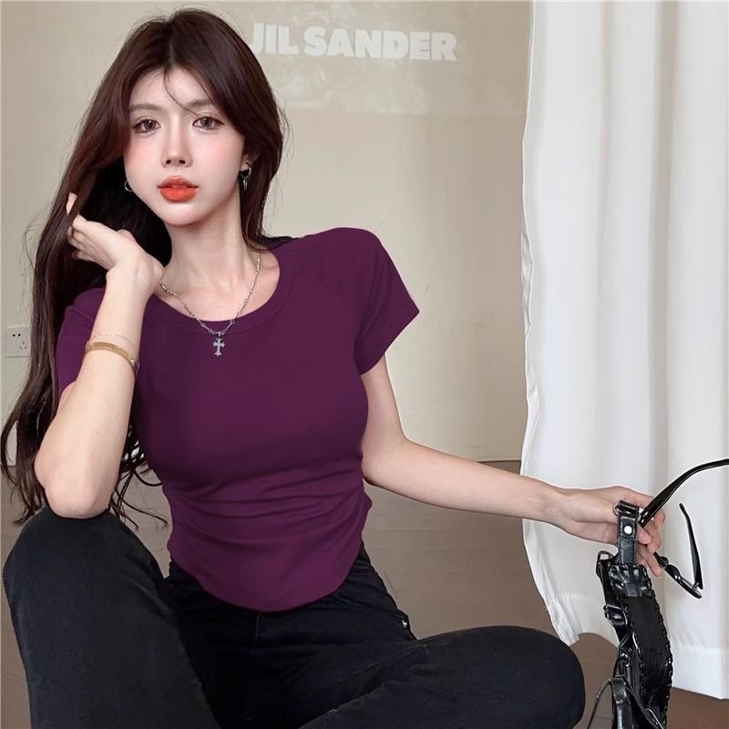Áo thun ngắn tay cổ tròn thời trang mới mùa hè vừa vặn đơn giản phiên bản Hàn Quốc dành cho nữ