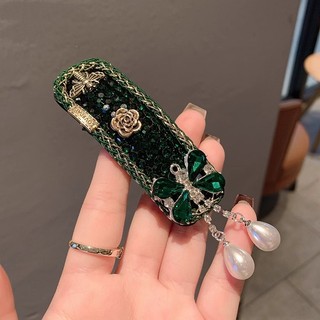MAUROPOLI [Sẵn Sàng] Retro Ngọc Lục Bảo Full Kim Cương Kẹp Tóc Hoa Kim Cương Giả Tua Rua Ngọc Trai Phá Kẹp Ánh Sáng Sang Trọng