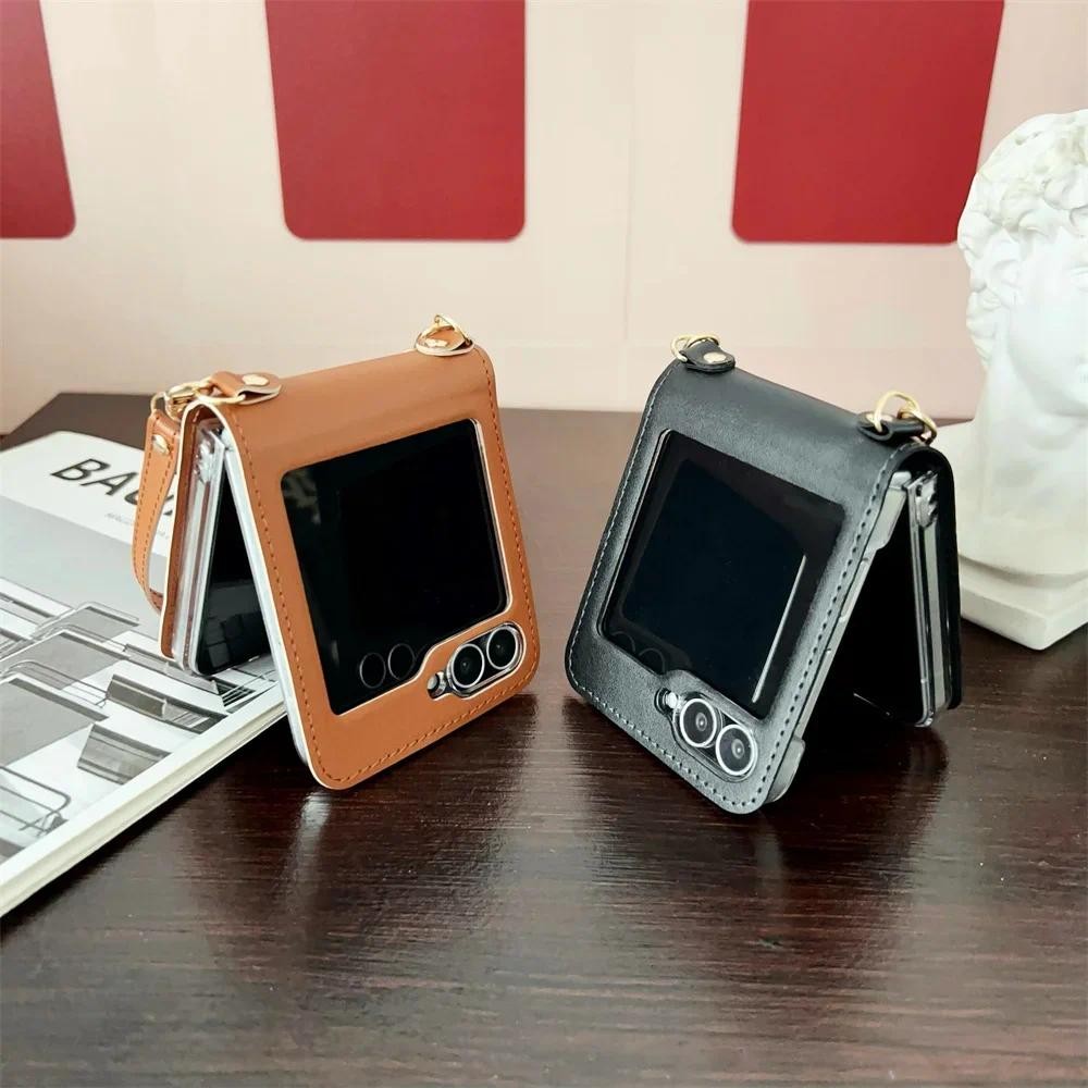 Dây Đeo Cổ Tay Da Ốp Lưng Điện Thoại Samsung Galaxy Z Flip 6 5 4 3 Flip6 Flip5 Flip4 Ví Khe Cắm Thẻ Bảo Vệ