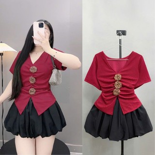 Áo bigsize nữ  kiểu tiểu thư tay ngắn đính hoa xinh phối chân váy có lót trong xòe cho nàng chuppy -A275+CV413