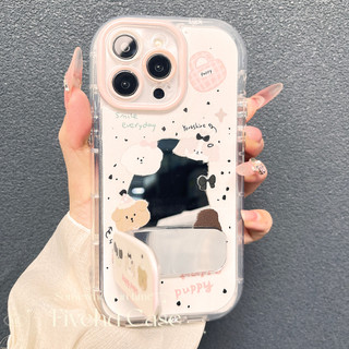 Ins Korea Cute Puppy Cartoon Make Up Mirror Vỏ nâng cao + Giá đỡ cho iPhone 11 16 15 14 13 12 Pro Xs Max XR X 6s 7 8 6 Plus SE Vỏ điện thoại TPU mềm Vỏ bảo vệ