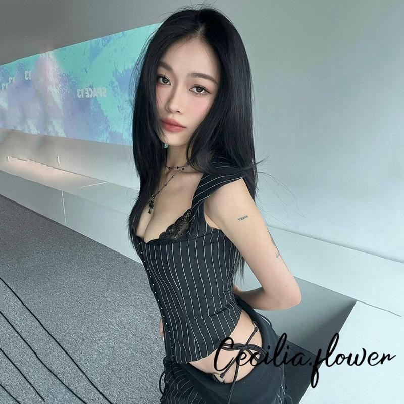 Áo ba lỗ có cổ và áo sơ mi dây không tay sọc sành điệu cho nữ mùa hè