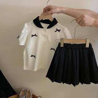 Mùa Hè Phong Cách Mới Bé Gái Ngọt Ngào Xếp Ly Váy Phù Hợp Với Ba Chiều Nơ Áo Thun Tay Ngắn Váy Bé