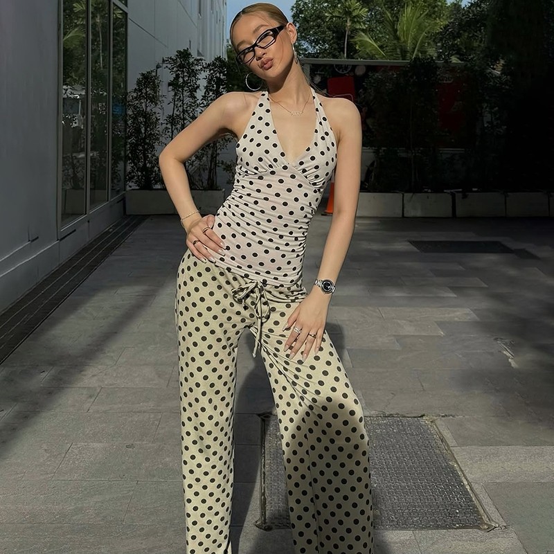 Klalien Thời Trang Dây Chữ v Cổ Áo Vest Nữ Ren-Up Backless Chấm Bi In Không Tay Skinny Mùa Hè Hàng Ngày Đường Phố Đa Năng Áo