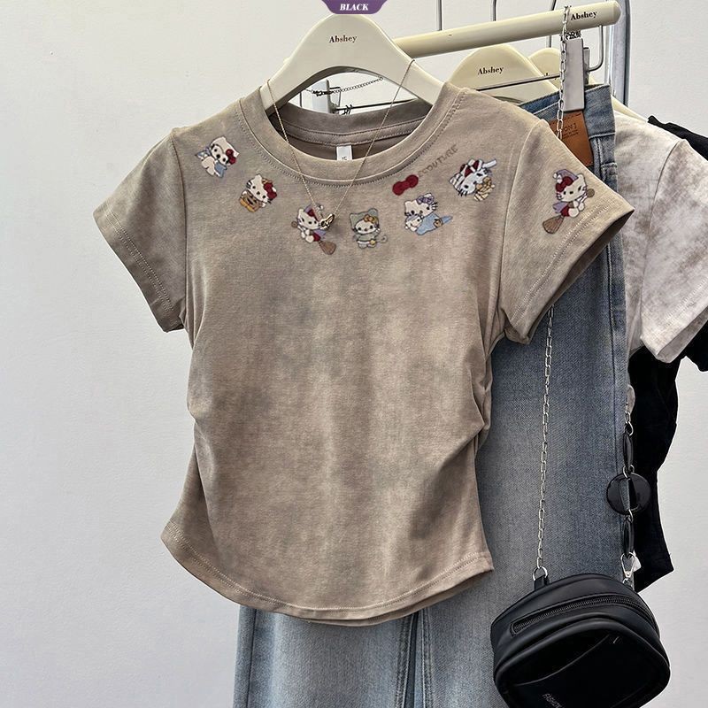 Phim hoạt hình HelloKitty Áo thun ngắn xếp li nữ mùa hè Tie-dye Hồng Phong cách đại học Áo ngắn tay mỏng [BL]