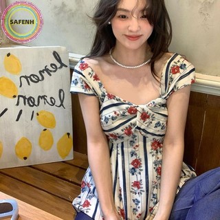 SAFENH Mùa Hè Nữ Retro Kẻ Sọc Hoa Cổ Vuông Không Tay Dễ Thương Thường Ngày Tank Top VN