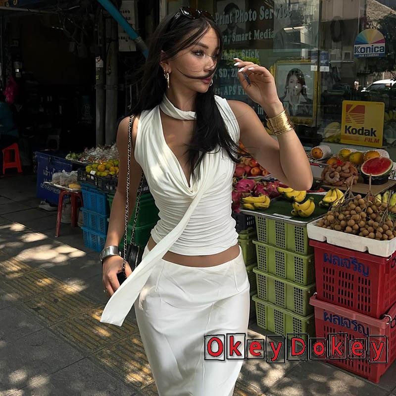 OKDK-Áo xe tăng không tay mùa hè dành cho nữ màu trơn cổ Cowl vest mỏng vừa vặn cho bữa tiệc