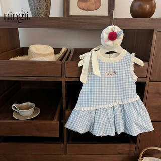 Váy mùa hè cho bé gái phong cách Hàn Quốc, nơ ngọt ngào, váy tank tay phồng dễ thương màu xanh kẻ caro