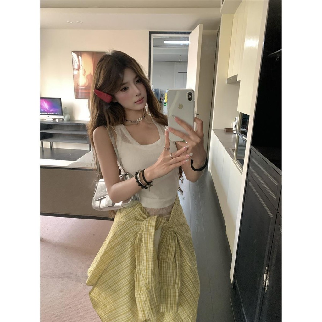 Milyfashion Hơi Trong Suốt Ren Sling Gợi Cảm Slim-fit Ôm Hơn Nhìn Mỏng Ngắn Quần Áo Nữ