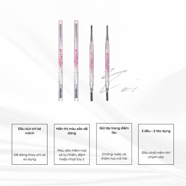 Chì Kẻ Lông Mày 2 Đầu FLORTTE, Bút Vẽ Lông Mày Siêu Bền Chống Thấm Nước Không Phai Màu Dễ Vẽ