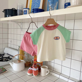 Bộ quần short ngắn tay cotton mùa hè cho bé trai và bé gái, áo phông màu sắc, quần thể thao phong cách Hàn Quốc cho trẻ em, bộ hai món