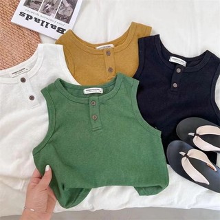 Áo vest mỏng mùa hè mới cho trẻ em, áo phông không tay màu trơn có nút cho bé trai và bé gái, áo thường ngày cho trẻ em
