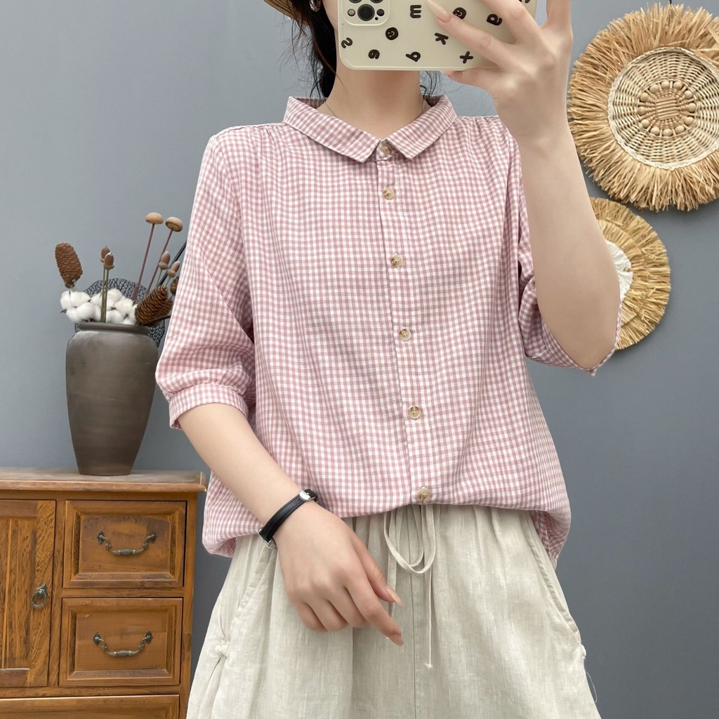 Áo sơ mi nữ cotton hai lớp, size S-XL, thoáng mát cho mùa nóng