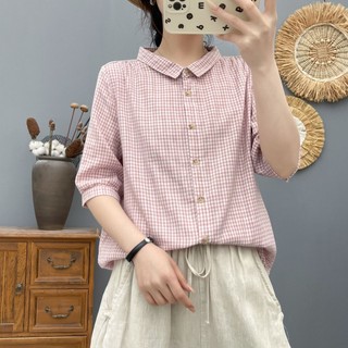 Hàng sẵn có - Áo sơ mi nữ short sleeve, kẻ sọc nhỏ, 100% cotton hai lớp