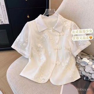 Áo blouse ngắn kiểu Trung Quốc mới 2025 cho phụ nữ, chất liệu lụa pha, thêu nút Mandarin, viền không đều