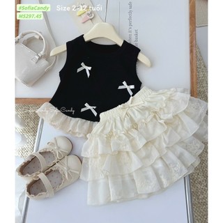 10-37kg (hàng thiết kế) set áo nơ ren đen mix chân váy rem tầng Sofia