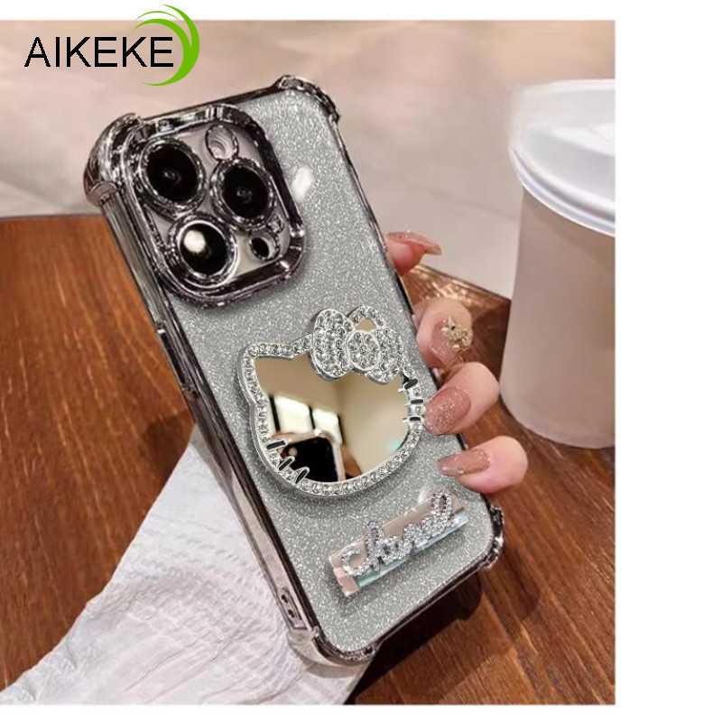 Ốp Điện Thoại Gương Mèo Kim Cương Sang Trọng Cho iPhone 16E 16 15 14 Plus 13 12 11 Pro Max Mini X XR XS Max 8 7 6 6S Plus SE 2020 2022 Lấp Lánh Bướm Ngọc Trai Vòng Tay Đứng Bìa Mềm
