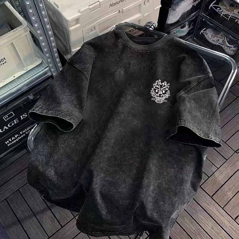 Áo thun ngắn tay cotton giặt vintage mùa hè, dáng rộng, phong cách distressed