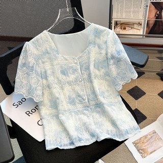 Áo blouse chiffon tay ngắn thêu ren kiểu dáng mới mùa hè 2025 cho phụ nữ