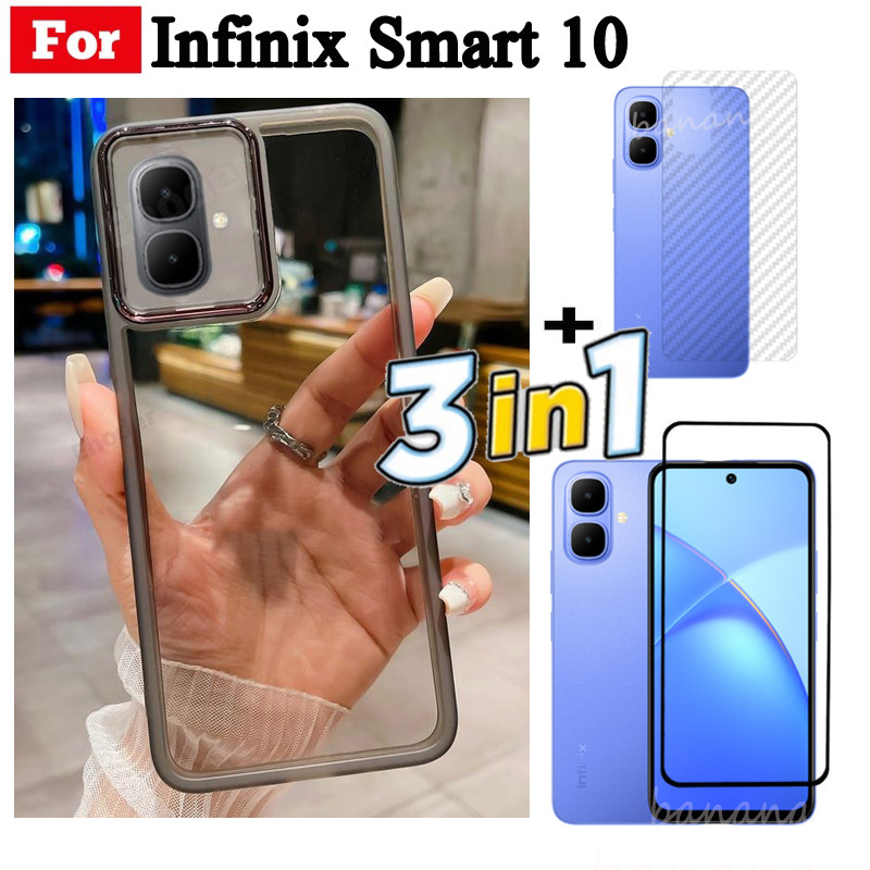 Ốp điện thoại trong suốt bằng silicon mềm TPU 3 trong 1 Infinix Smart 10 X6725 có vỏ bảo vệ Camera + Kính cường lực bảo mật + Phim mặt sau